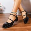 Round Toe Patent Leather Chunky Mid Heel One Strap Women Mary Jane Shoes