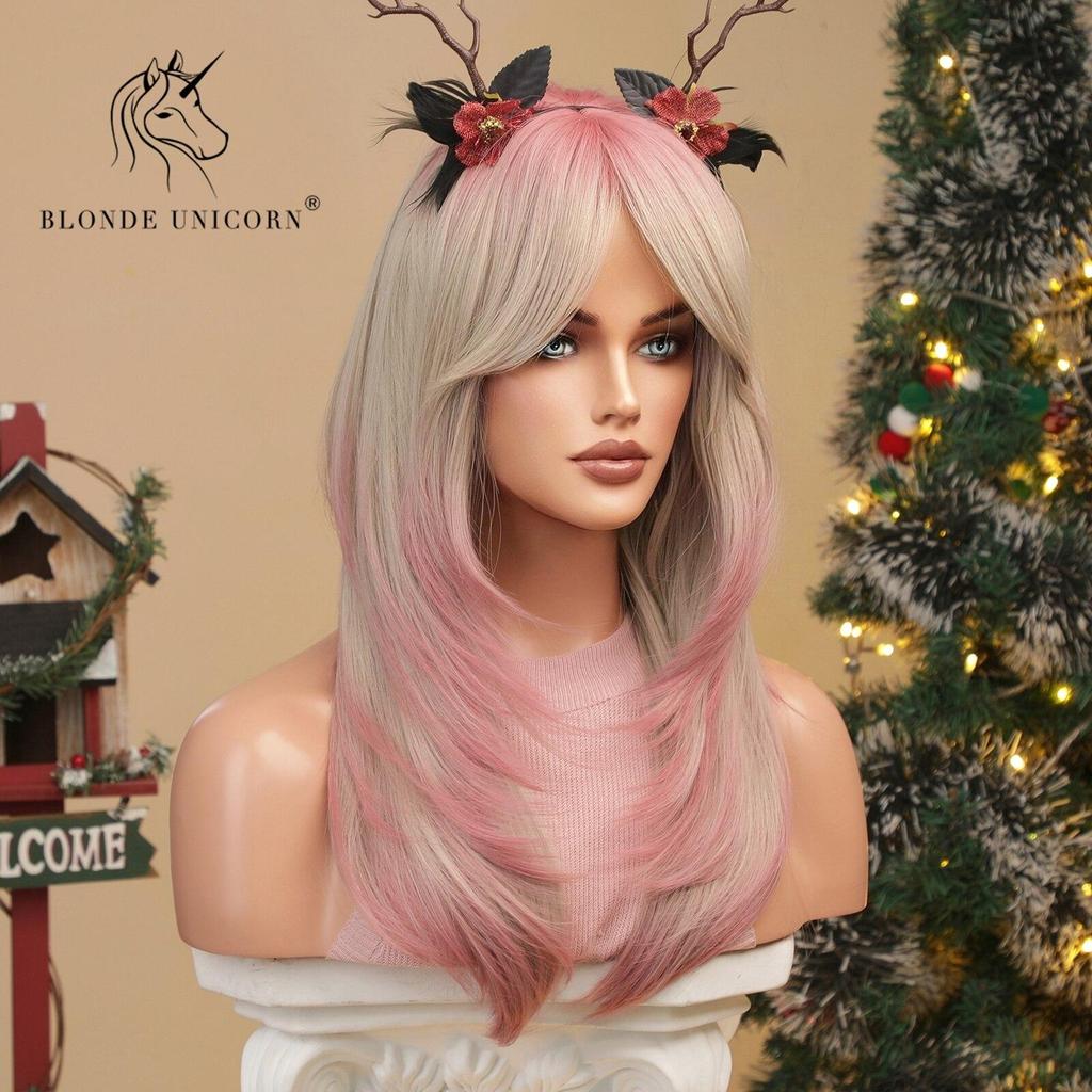 BLONDE UNICORN Synthetic Medium Long Straight Ombre Pink Blonde Wig For Women Cosplay Halloween Wigs Heat Resistant False Hair
