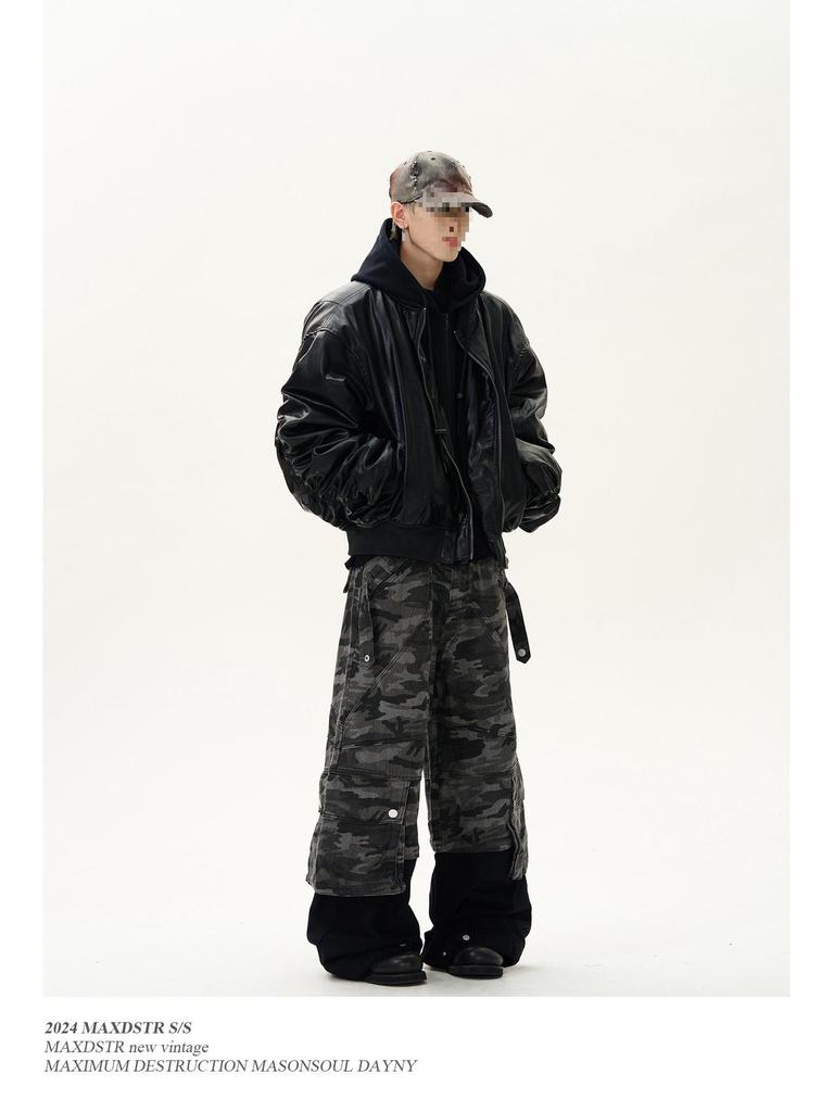 2025 Unisex Černá Bomberová Bunda s Kapucí ze Patchworkové PU Kůže