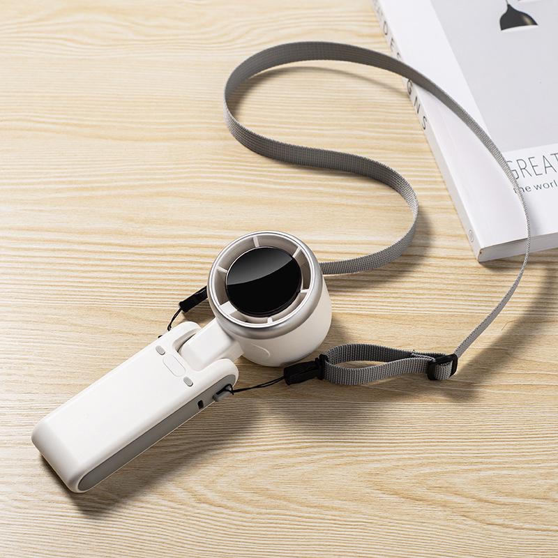 N607 Portable High-Speed Turbo Handheld Fan with Digital Display, USB Charging, Neck-Hanging Option, and Foldable Design.