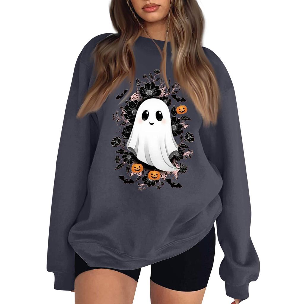 Women's Neck Long Sleeve Casual Loose Fit Sweatshirt Pullover with Color or Small Halloween Print