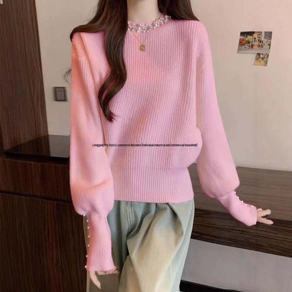 2025 Autumn/Winter Women's Beaded Round Neck Loose Warm Sweater