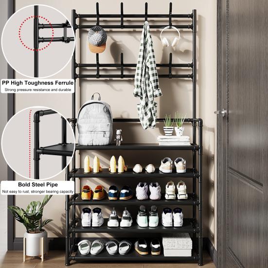 Free Standing Large Capacity Shoes Rack Multiple Hooks Strong Load-bearing 5 Tiers Hat Coat Shoes Storage Stand
