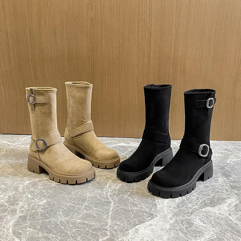 Boots Boots Women's Autumn and Winter New Round Head Platform Boots Belt Buckle Knight Martin Boots Western Cowboy Boots