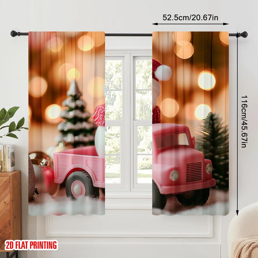 2pcs,2D plane printing Curtains Digital Printed Cute Snowman Truck Christmas Versatile 100% Polyester (without rod) Art Deco