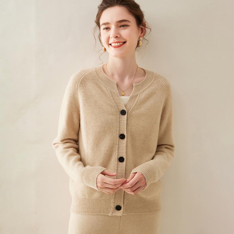 Women's Thick Cashmere Round Neck Raglan Sleeve Sweater Cardigan - Loose Fit, Autumn/Winter Versatile Outerwear