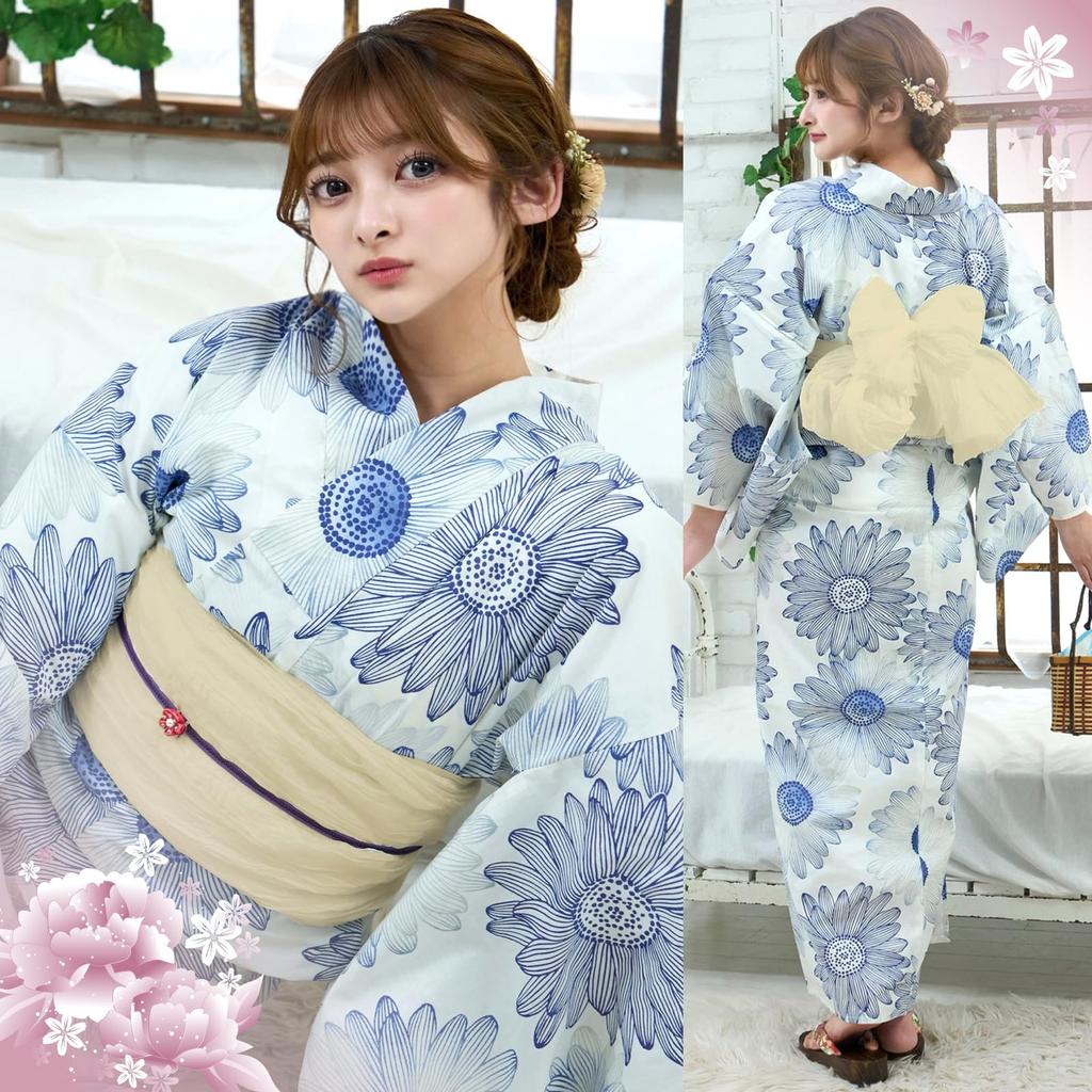 RAVIR Yukata Shades of Daisy Cool and Comfortable Japanese Fluffy Obi and Geta One Size Fits All Women's 3-Piece Set, Print, Style, Belt, Sandals,