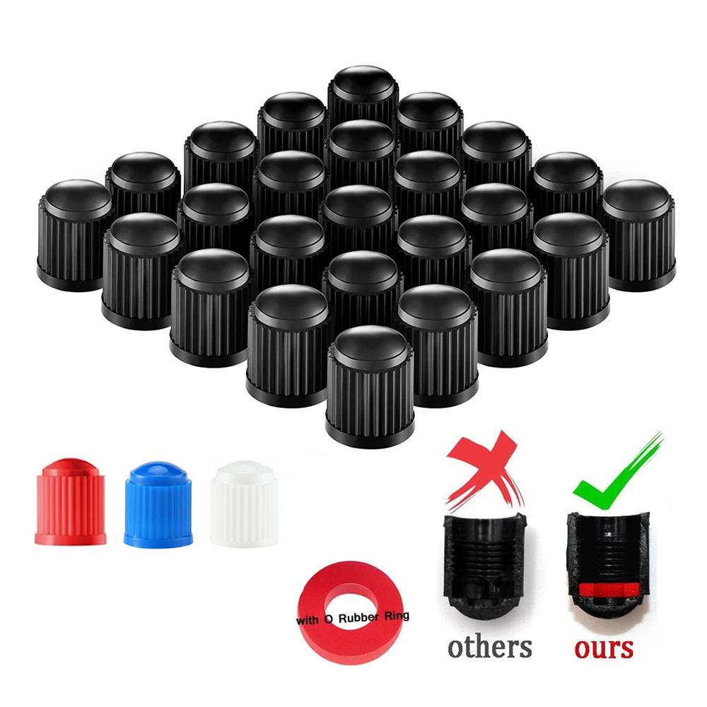 Universal Plastic Tire Valve Stem Caps with Rubber Ring Black Dustproof Air Valve Cover for Car Motorcycle Bike Wheel Tyre Valve Stems 1