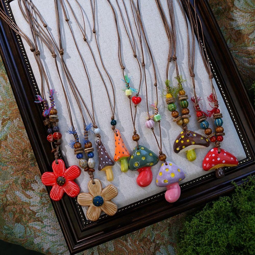 Hand-painted Mushroom Pendant Necklaces Small Flower Sweater Chain Necklaces Gift
