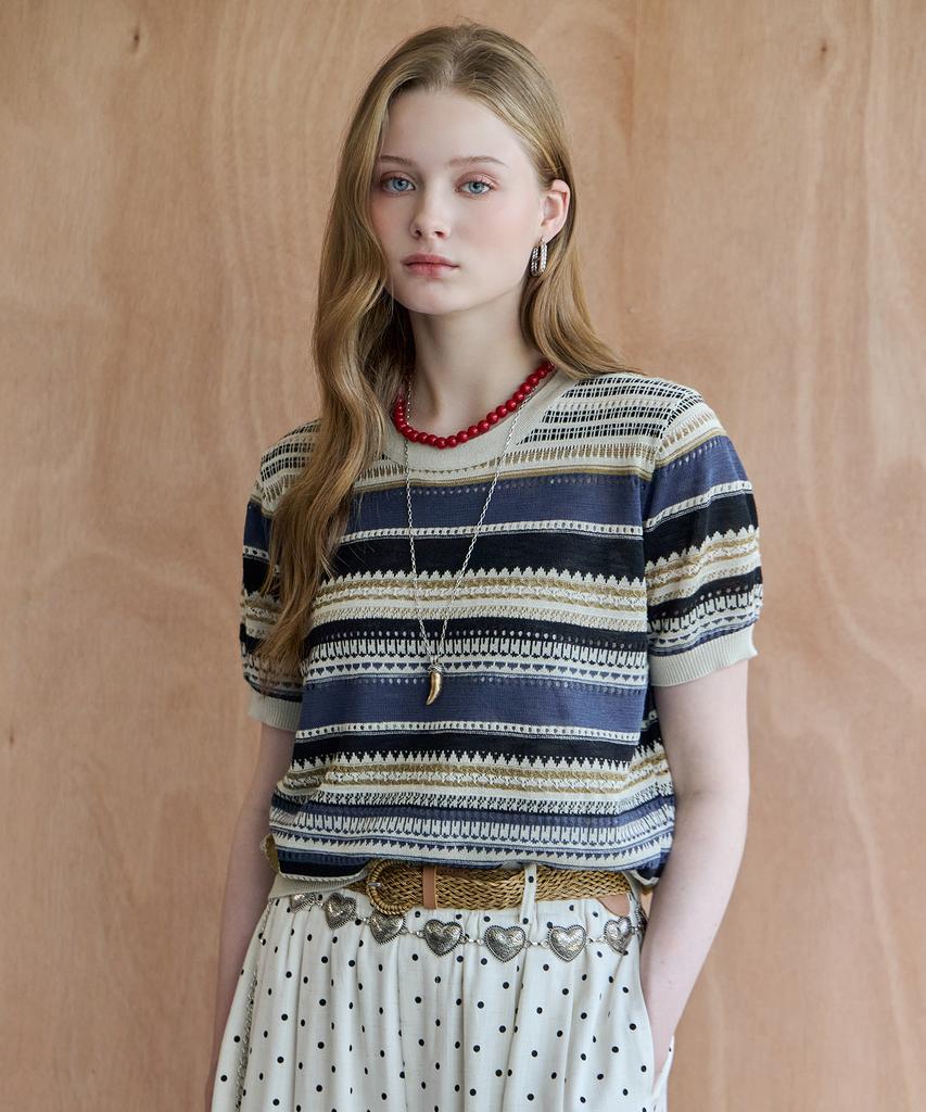 MAXZA Ethnic Mix Stripe Punching Summer Knit