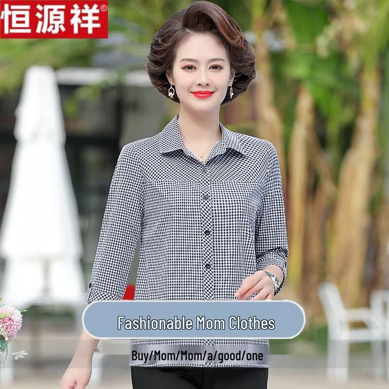 Hengyuanxiang Women s Plaid Chiffon 3/4 Sleeve Shirt 3XL