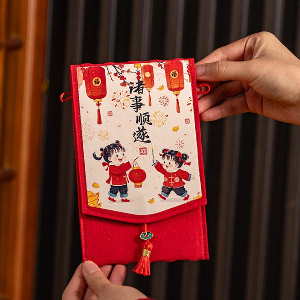 Traditional Spring Festival Cloth Red Envelopes Rectangular Chinese Style New Year's Blessing Bag Reusable with Hanging Rope