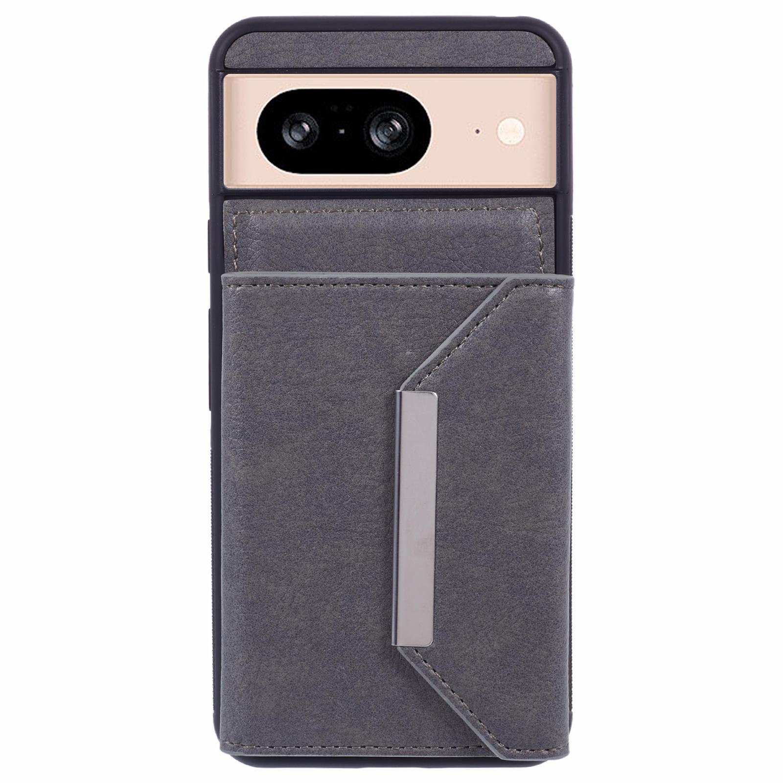 

For Google Pixel 8 Case Leather Phone Back Cover with Card Slot Kickstand Grey