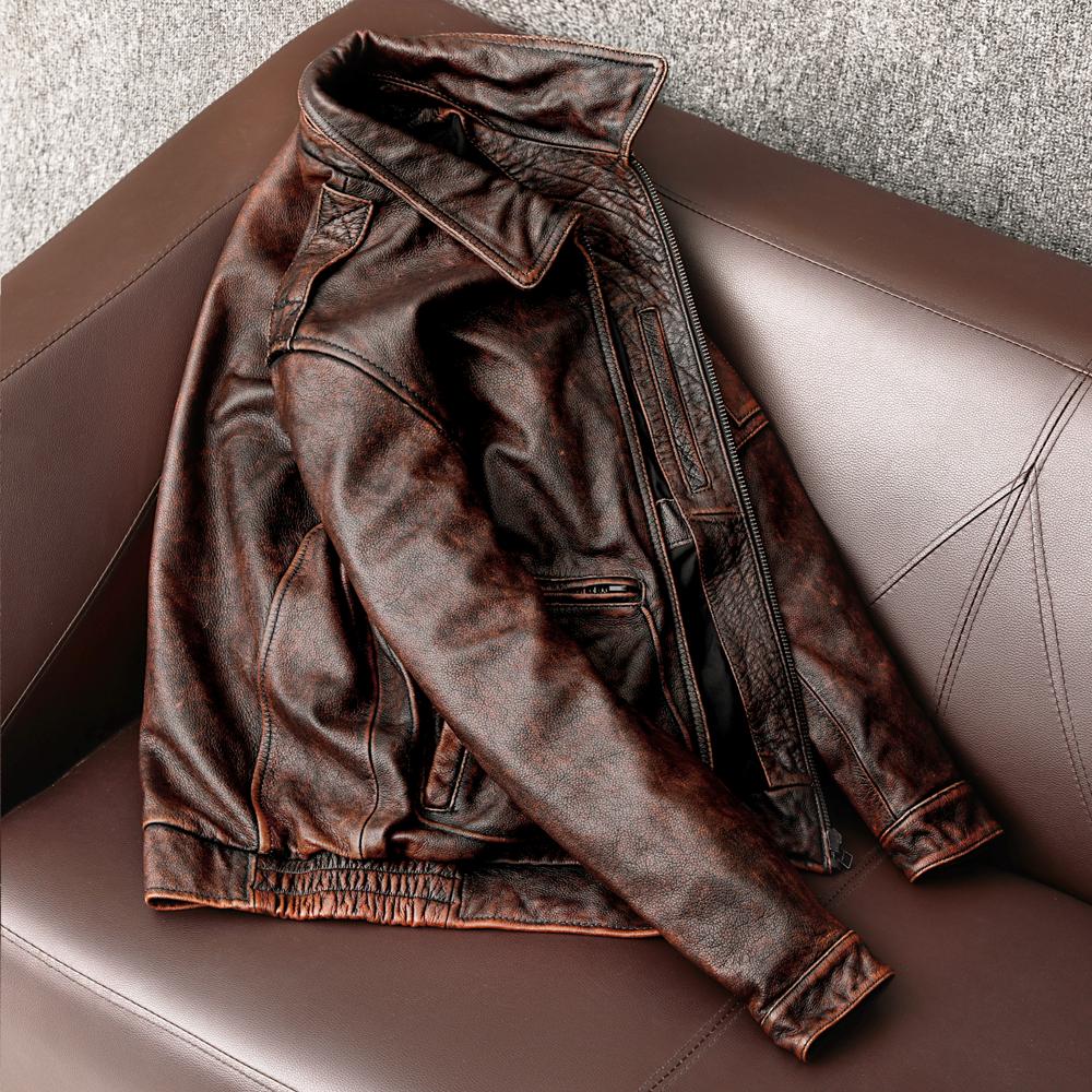 Jaro a podzim Nová bunda z pravé kůže Muži Vintage Hovězí kůže Kabát Běžné Muži Letecký oblek Velikost S-5XL