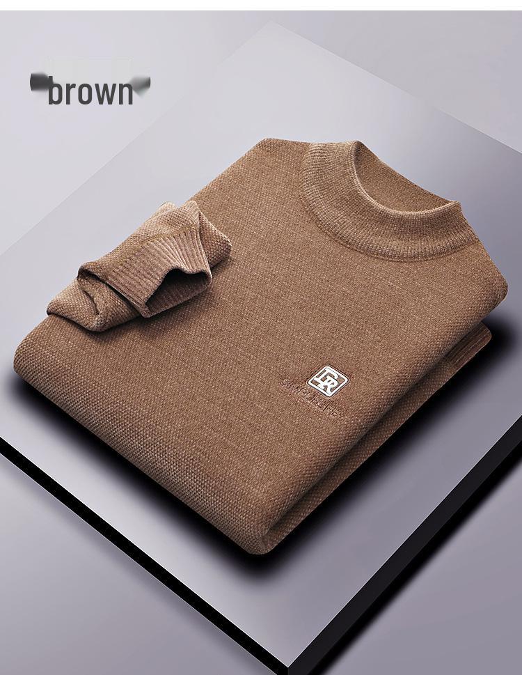 2025 Winter Men's Embroidered Fleece Sweater - Round Neck, Plus Velvet Chenille Knit, Thickened Base Layer Top