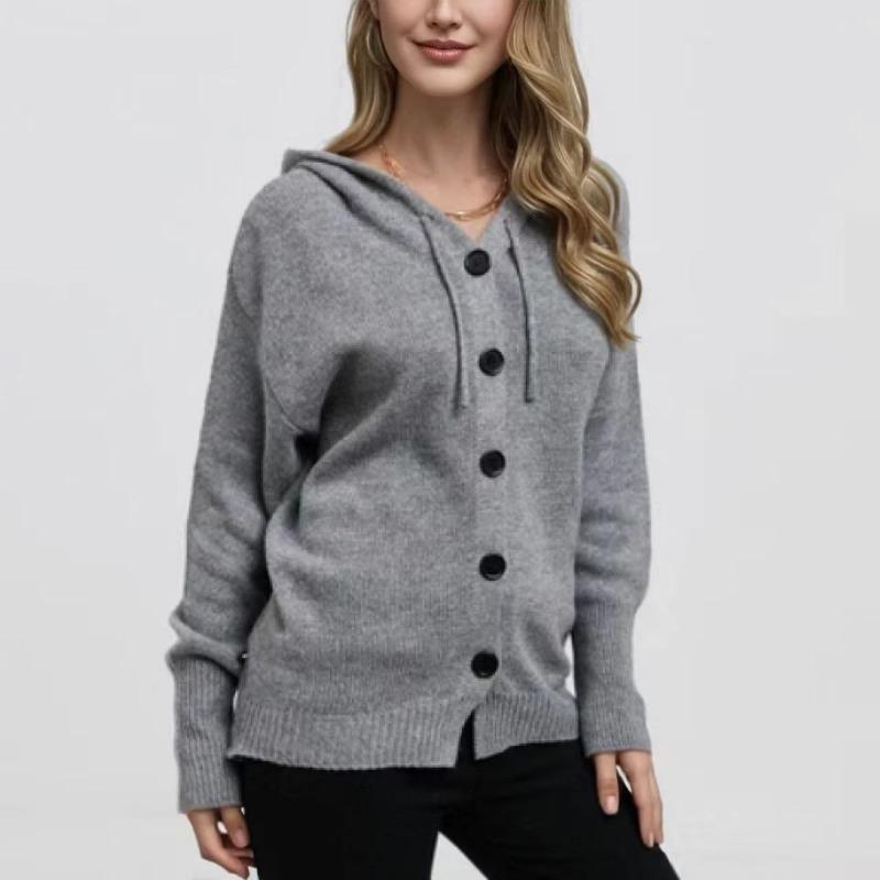 

New Single-breasted Hooded Cardigan Sweater Autumn and Winter V-neck Solid Color S