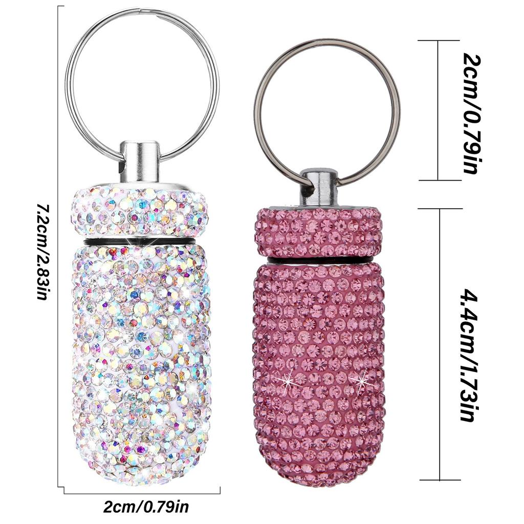 Portable Diamond Pill Case Keychain Glitter Rhinestone Travel Pill Box Metal Tablet Holder for Outdoor Activities