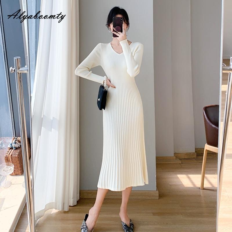 Vestido de punto estilo coreano para mujer, vestido de corte A, cuello en V, negro, beige, caqui, vestido de punto, manga larga, elegante, moda, cálido, otoño e invierno
