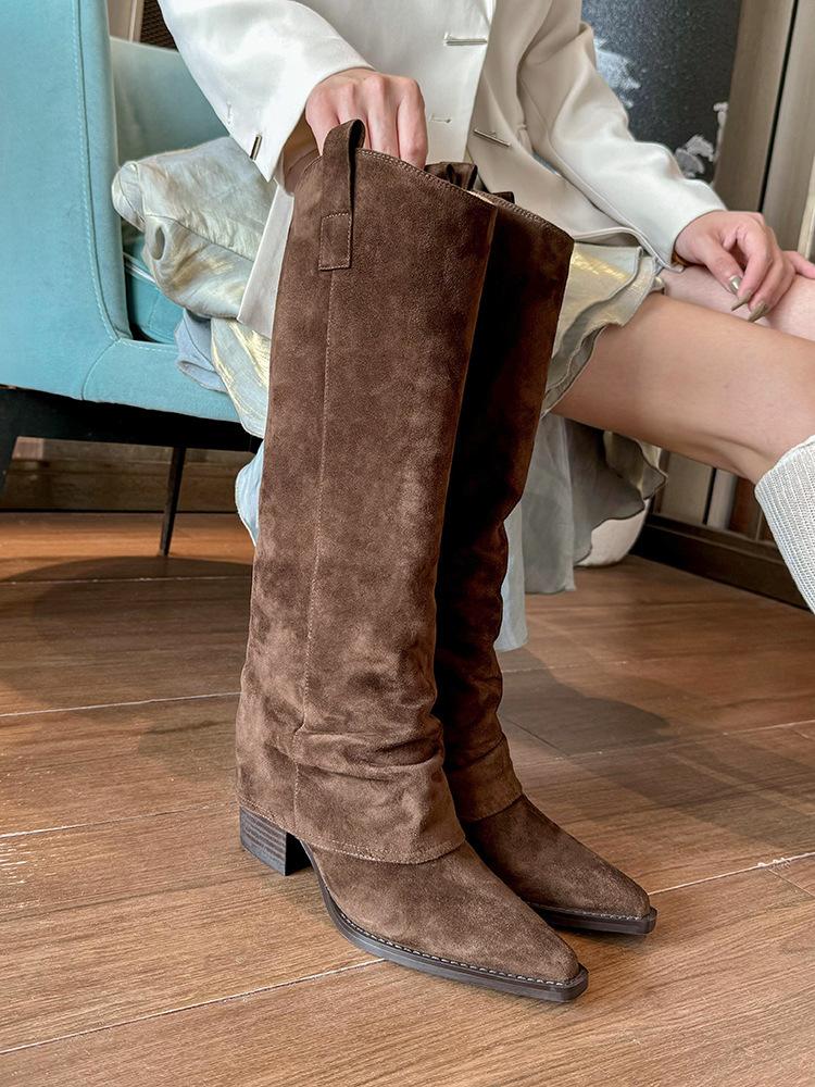 Super Fire Boots Women's Thick Heel Pants Boots But Knee Brown Maillard Western Cowboy Knight Boots