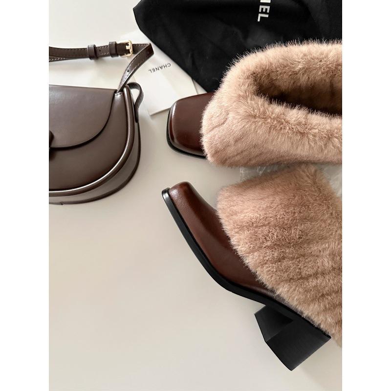 Cowhide version~ retro plush boots plush warm square head thick heel short boots women's versatile temperament plush snow boots