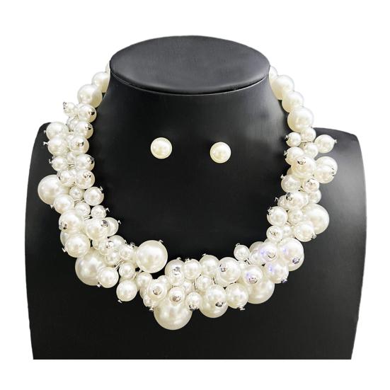Vintage Faux Pearl Necklace 1 Set Chunky Jewelry, Beaded Choker And V-neck Accessory Earrings, Metallic for Women Dinner Parties Wedding Statement