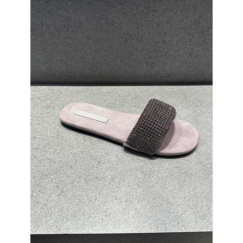 Xiao C has the same high-end purple rhinestone cool slippers for women's summer wear 2025 new versatile French flat slippers