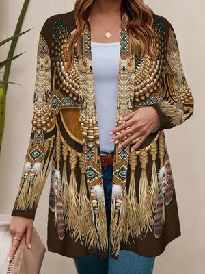 2025 Women's Vintage Ethnic Printed Long Sleeve Cardigan, Polyester Open Front, Lightweight Cover Up, Spring Autumn Casual Coat