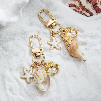 1PC Keyrings Gold Color Pearl Shell Exquisite Key Ring Bohemia Bag Ornaments Starfish Conch Tassel Pendant