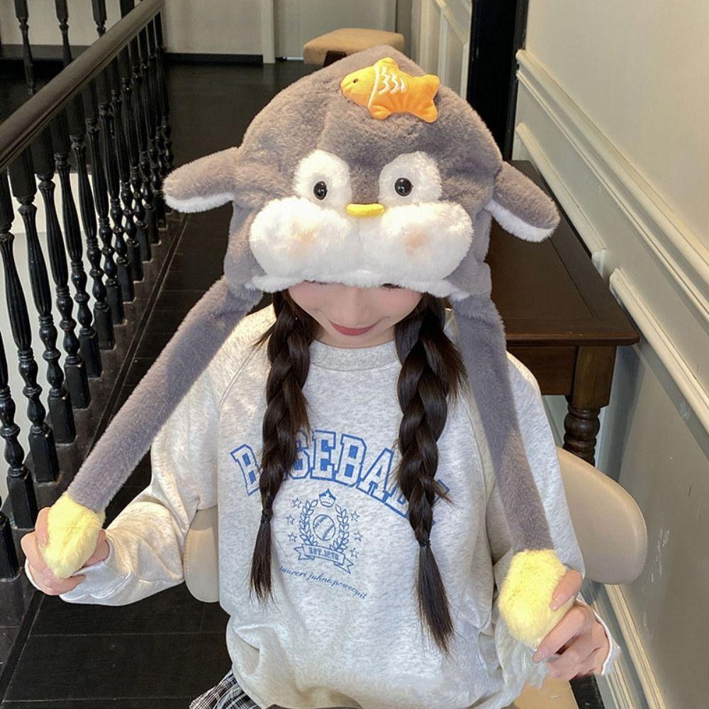 Windproof Fluffy Pullover Hat Cartoon Warm Lei Feng Cap Sweet Penguin Ear Moving Hat  Girls