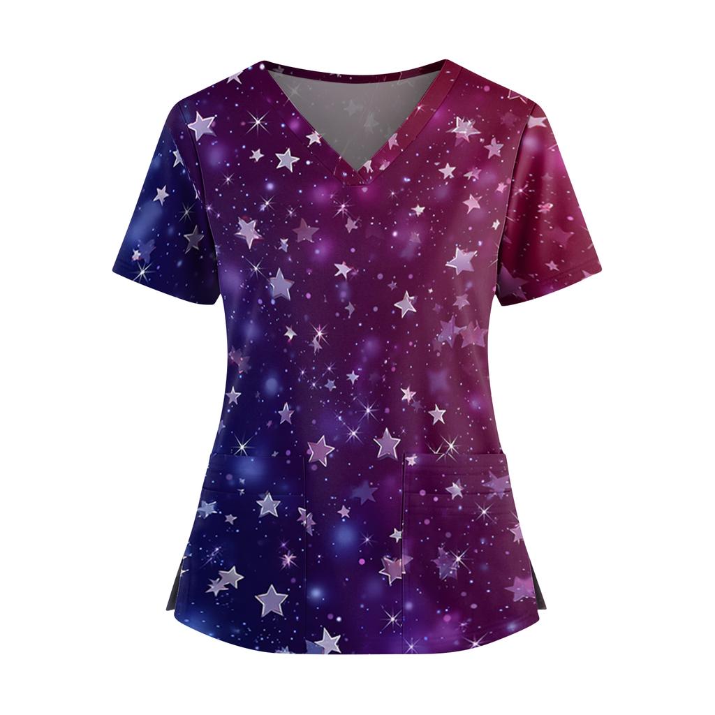 Women's Independence Day Print V-Neck Double Pocket Short Sleeve Uniform with Slit Hem - Caregiver Top