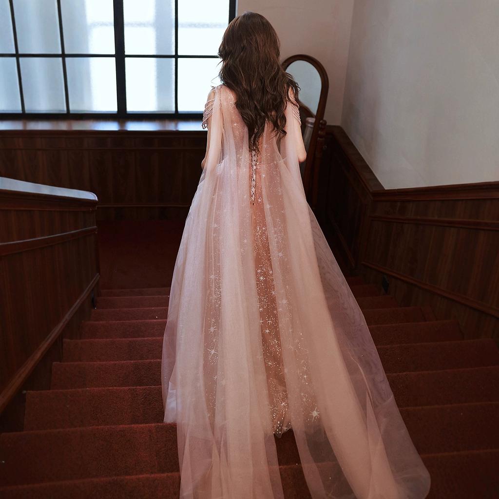 Evening dress women's 1011 new summer heavy industry long style banquet temperament socialite host pink starry sky dress skirt