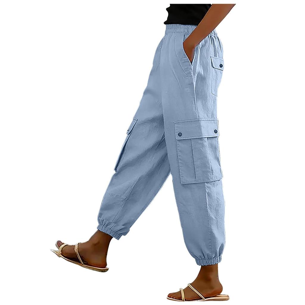 Women Drawstring Waist Cargo Pants with Elastic Cuffs and Large Side Pockets for Casual Outdoor Daily Wear