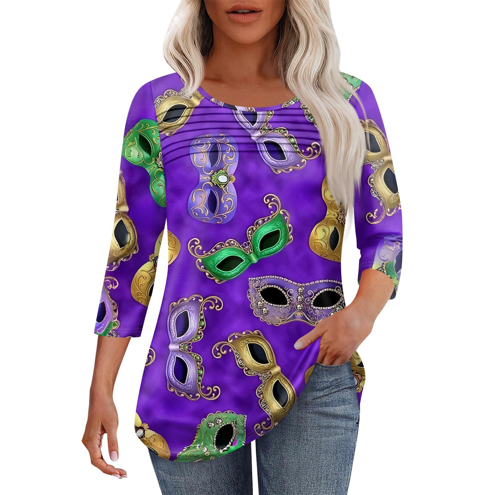 

Женская мода круглый вырез шея плиссированная передняя планка с принтом рукав 3/4 топ XL фиолетовый