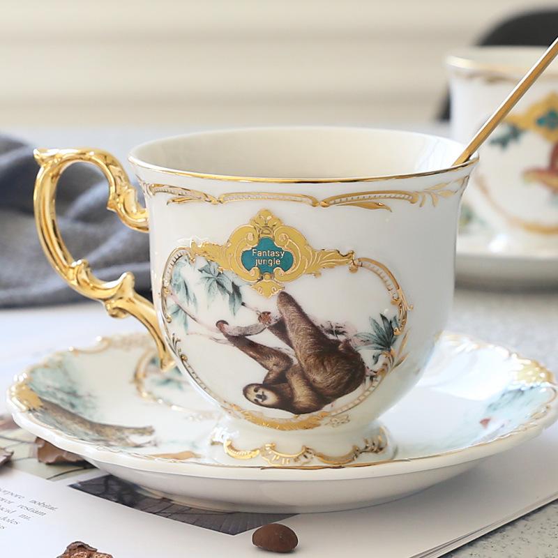 English Jungle Ceramic Coffee Cup Coffee Cup Saucer Set Household Simple Afternoon Tea Flower Tea Cup With Spoon
