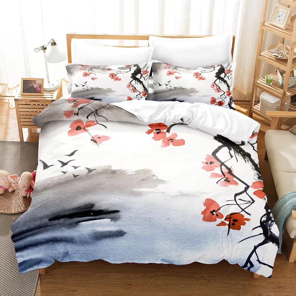 Jarní květinová série Vzor květu švestky Povlak na přikrývku Ložní prádlo 3D digitální tisk Povlak na peřinu Povlak na polštář Ložnice (Třídílná sada) Soubor
