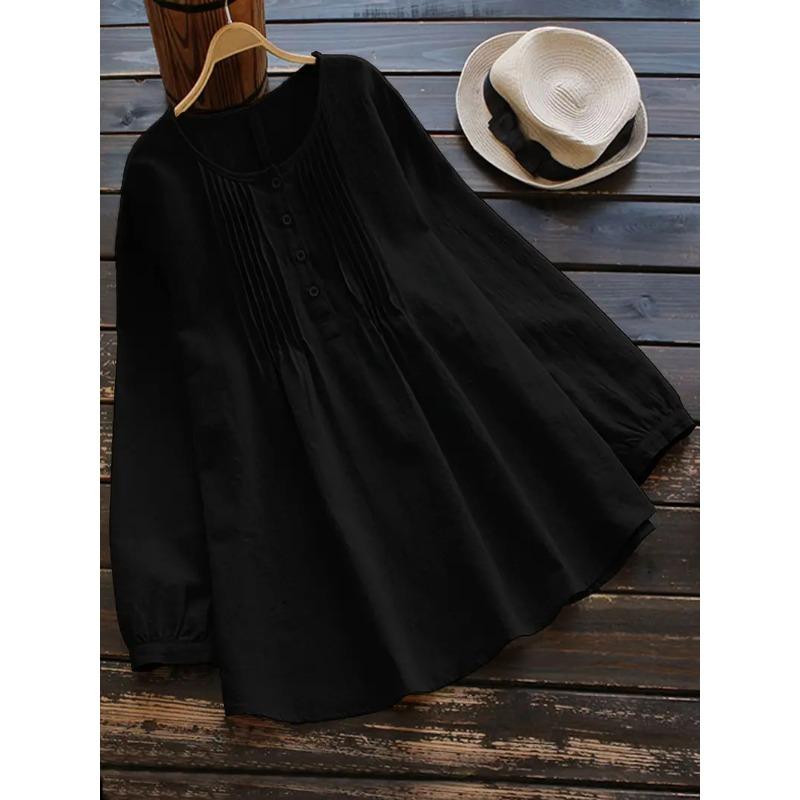Loose Cotton Linen Long Sleeve Pleated Round Neck Plus Size Women S Shirt