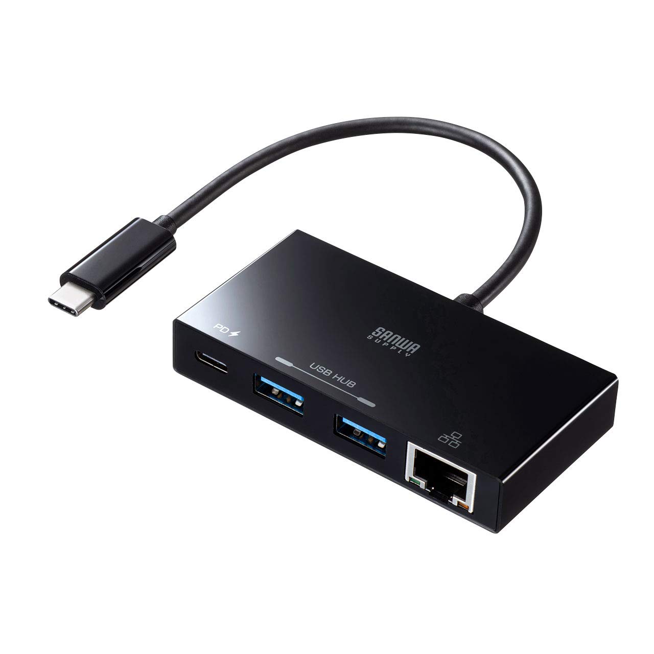 

Sanwa Supply USB Type-C Hub with LAN Adapter Function (1 USB Type-C, 2 USB A, 1 RJ-45 Port) USB-3TCH20BK