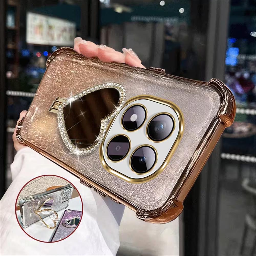 Glitter Heart Mirror Holder Stand Phone Case For OPPO Reno 15 15C 15F Pro Max 14F 13F 12F 11F Shockproof Soft Silicon Back Cover