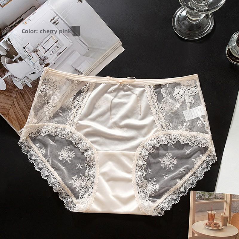 Female Summer Sexy Lace Hollow Satin Antibacterial Comfortable Breathable Hip Mid Waist Triangle Briefs