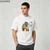 ZAZOMDE Retro Brush Stroke Animal Graphic T Shirt Patchwork Elephant Holding Small Flower Pattern Oversized Couple Fashion Tops