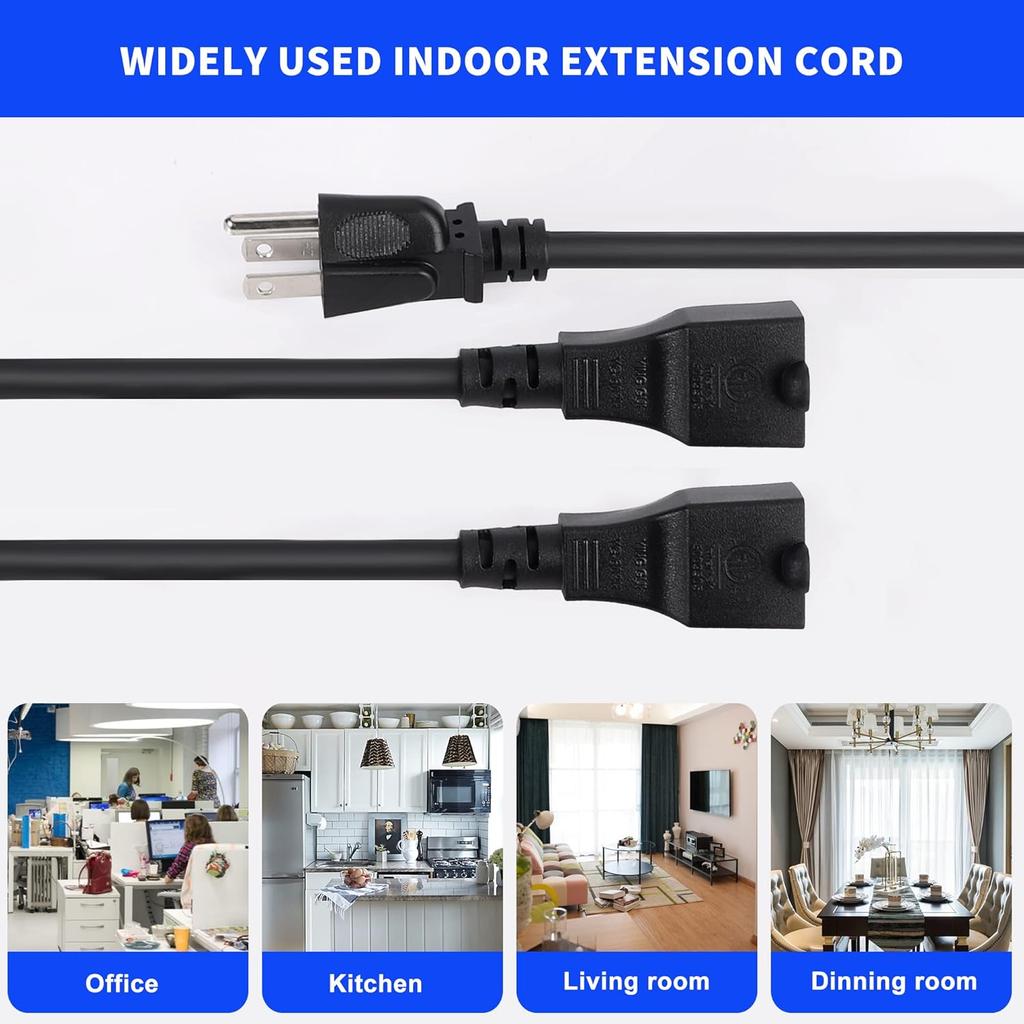 Y Splitter Extension Cord 6 Foot, 3 Prong Power Cord 1 To 2 Outlet Splitter, 16 Gauge 13A 1625W SJT Cable, ETL Listed, Black