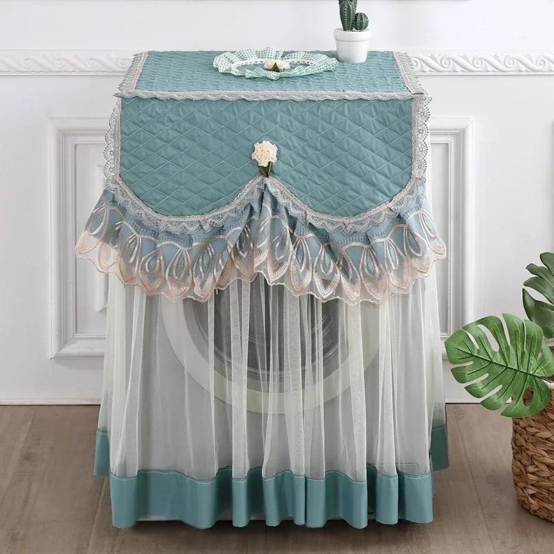 Washing Machine Cover Universal Washing Machine Cover with Roller and Wave Wheel Upflip Washing Machine Dustproof Lace Cover