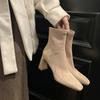 Faux Suede Chunky Heel Ankle Boots for Women Fashion Slip On Pointed Back Zipper Boots Women Square Heeled Socks Short Booties