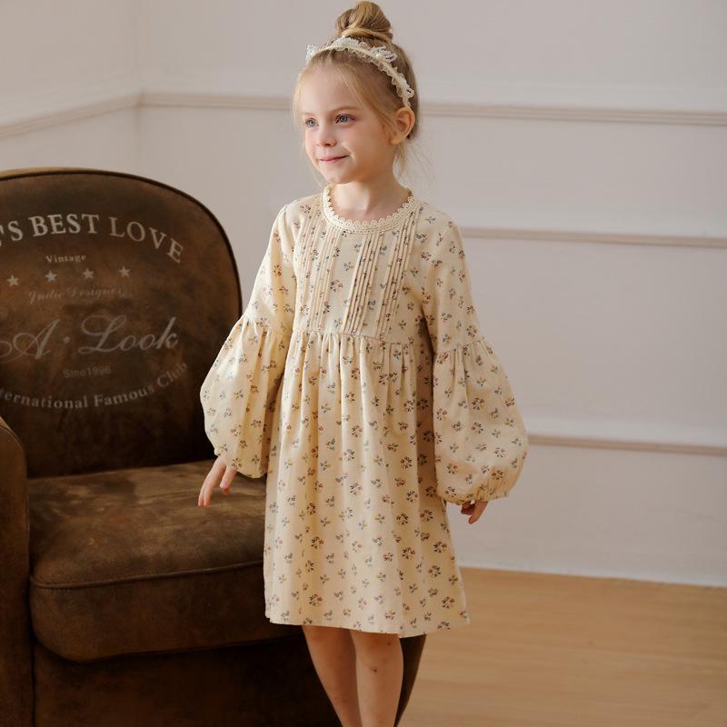 Spring 2026 Korean Forest-Style Floral Print Dress with Pleated Stand Collar, Puff Long Sleeves, and Lace Accents for Girls
