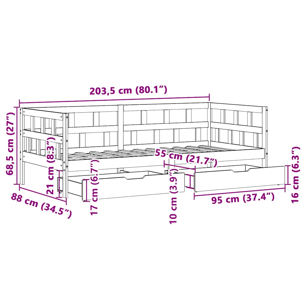 Daybed with Drawers Wax Brown 80 x 200 cm Solid Pine Wood