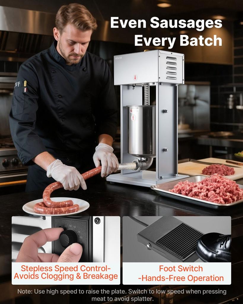 Elektrischer Wurstfüller, 10 kg / 22 lbs Vertikaler Fleischfüller mit stufenloser Geschwindigkeitsregelung, Edelstahl-Wurstfüllmaschine, Fußpedal & 4