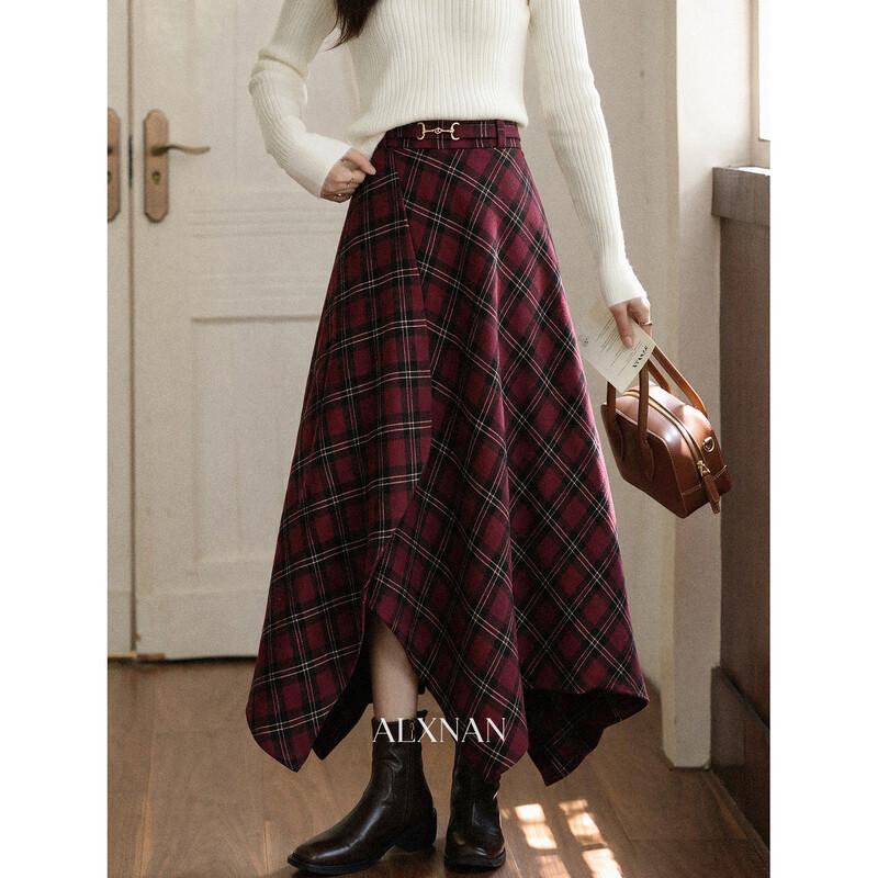 Luxiangnan Vintage Plaid Irregular A-Line Skirt