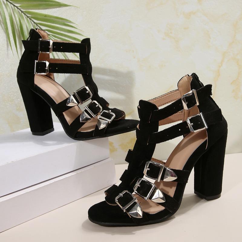 Fashion New Summer Cutout Temperament Sandals Women's Round Toe Open Toe Suede Metal Buckle Back Zipper Bag Heel Pump Shoes