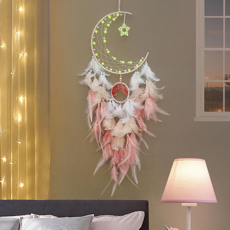 Creative Moon Feathers Dream Catcher With Luminous Beads Large Wall Hangings Wind Chimes Bedroom Decorations For Girls Gifts