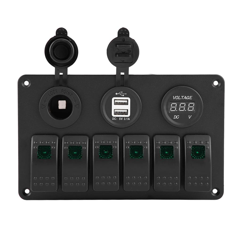 Rocker Switch Panel 24V 6 Gang Car Boat Marine LED Rocker Switch Panel Dual USB Voltmeter Cigarette Lighter (Green)